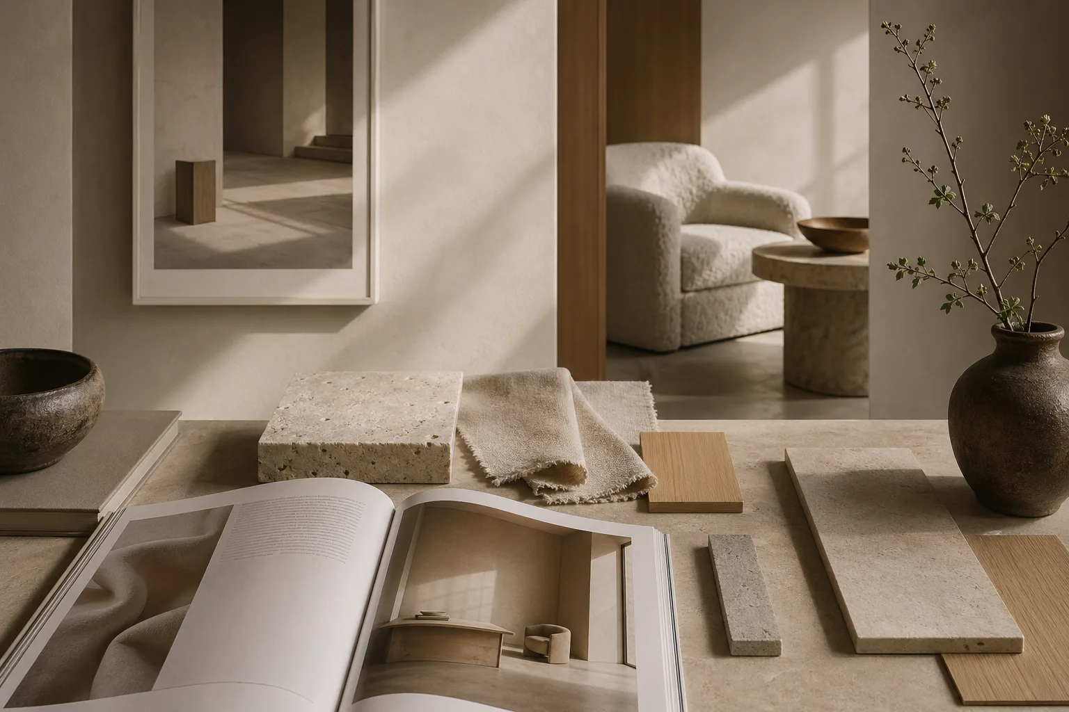 Open editorial spread beside material samples and a minimal interior vignette showing shared design language