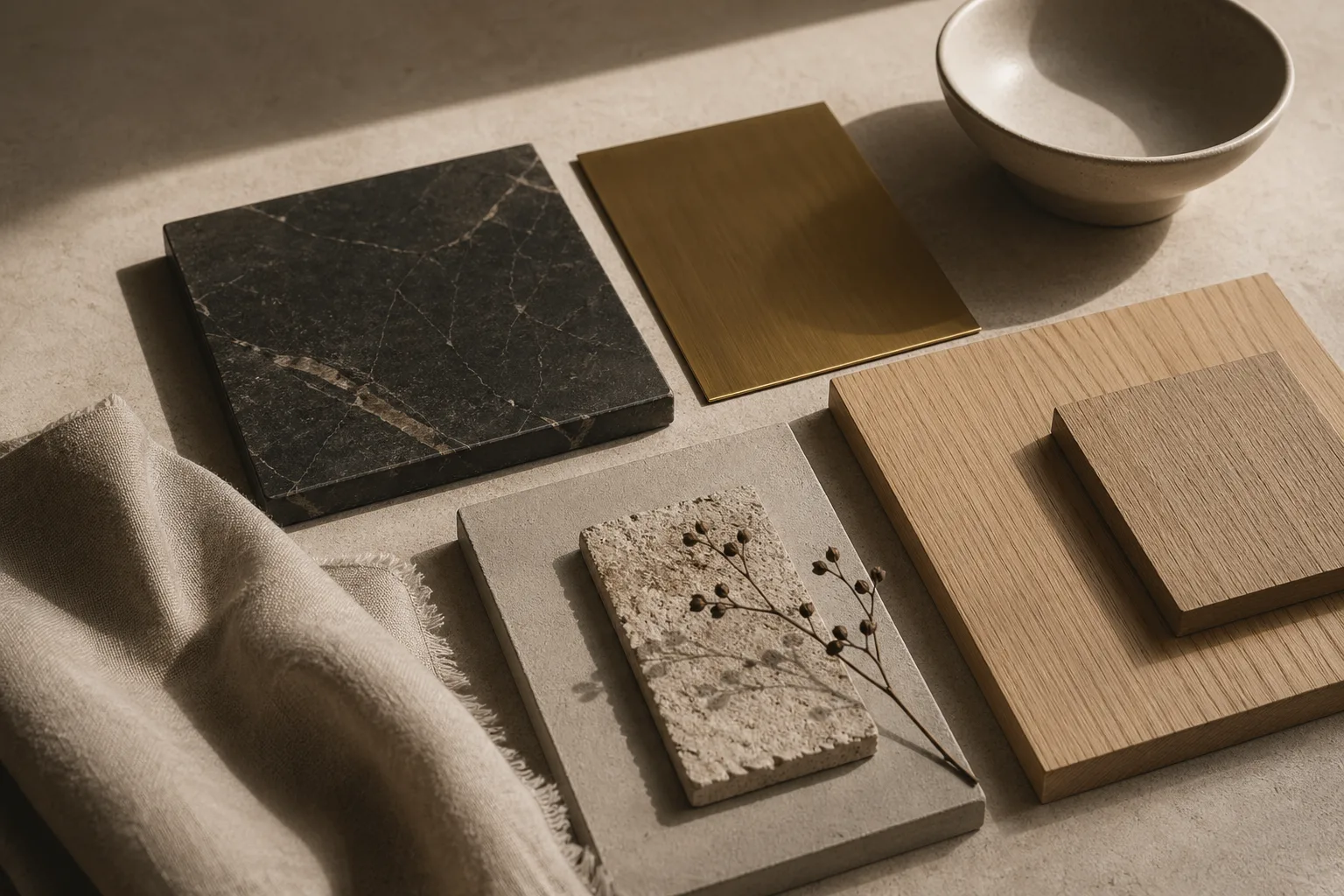 Curated material study of dark stone, pale oak, brushed metal, and linen showing contrasting visual weight