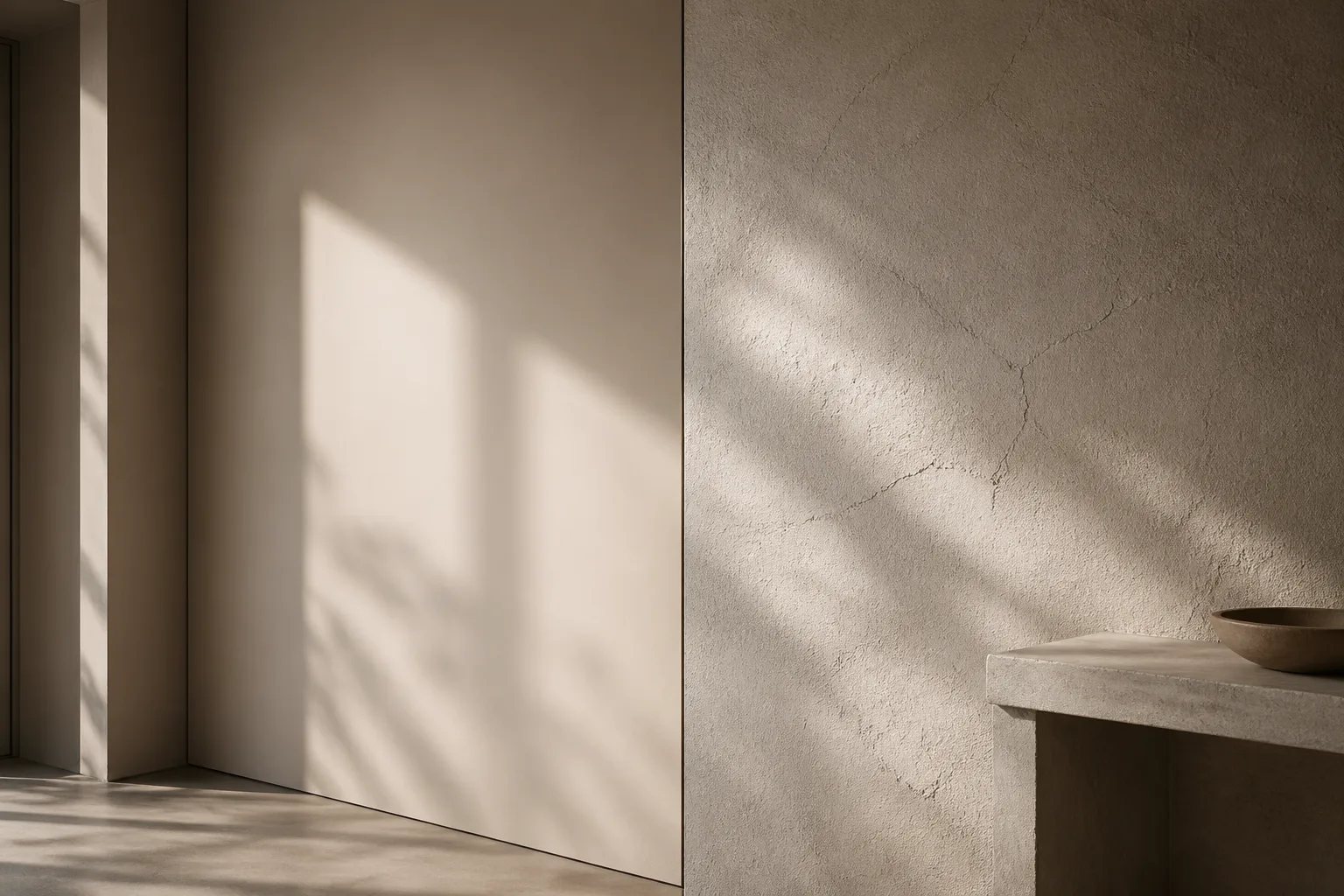 Split-view editorial study of one smooth painted wall and one softly textured plaster wall in daylight