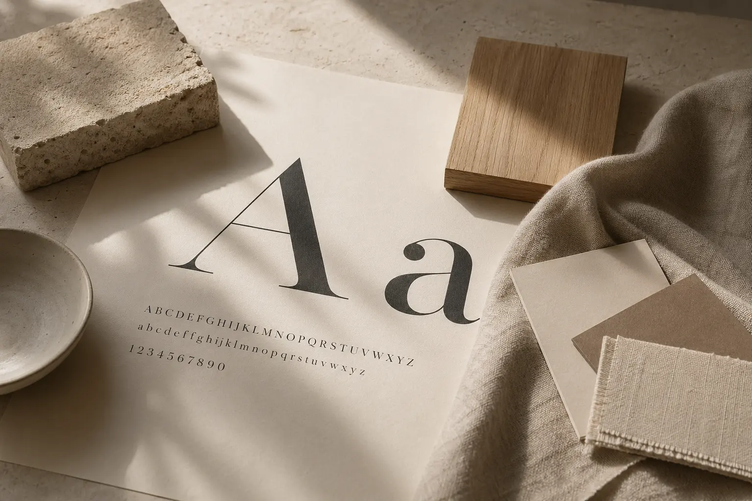 Large Bodoni-inspired serif specimen beside layered paper, stone, and warm neutral material samples in soft daylight