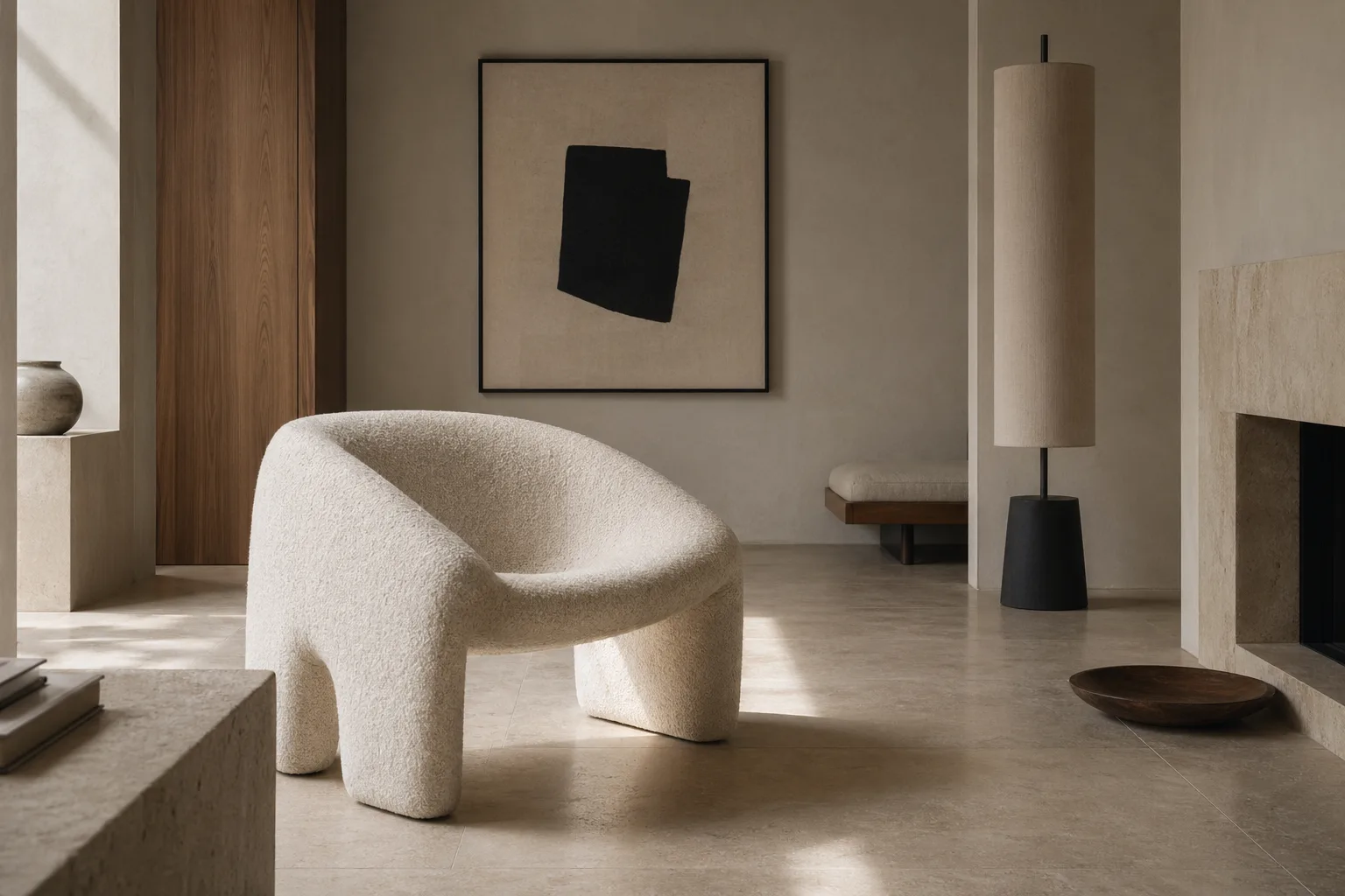 Minimal room with a sculptural chair, framed artwork, layered lighting, and strong compositional balance
