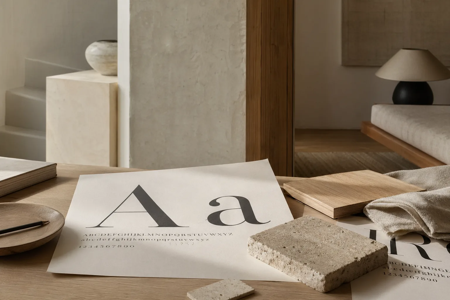 Editorial composition of typography proofs, material samples, and a quiet interior vignette in warm neutral tones